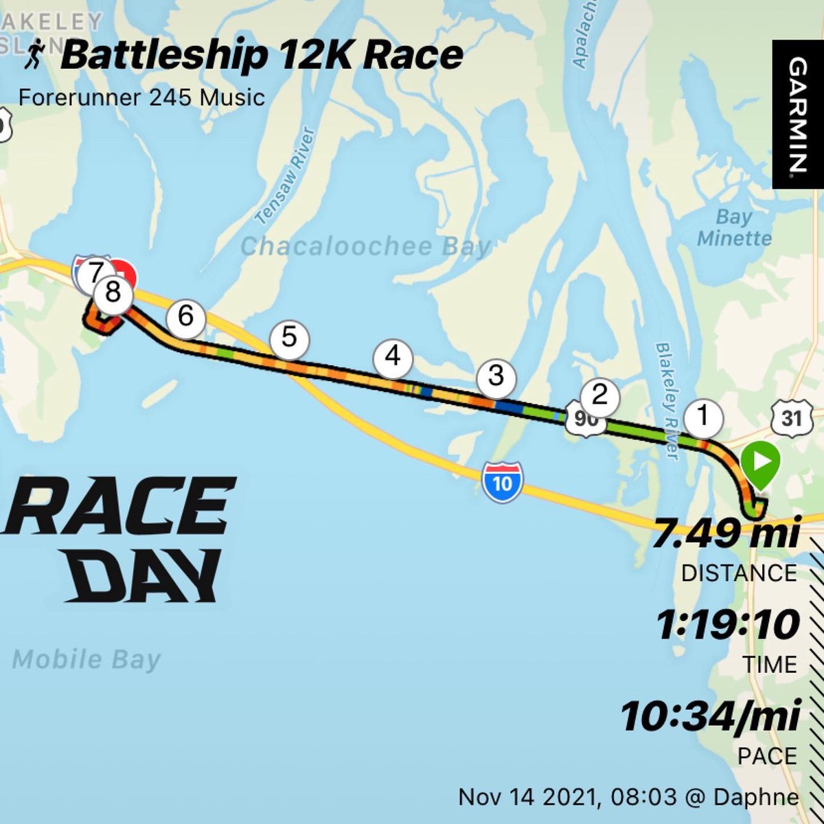 maverickwolfmsu's tweet photo. Couldn’t have asked for a better Sunday morning to run the @battleship12k. Such a well put together event and I definitely plan on attending next year. Except for shin splints bothering me between miles 2 and 4 race was pretty awesome! #runtohonor https://t.co/ZI6cTlcWDq