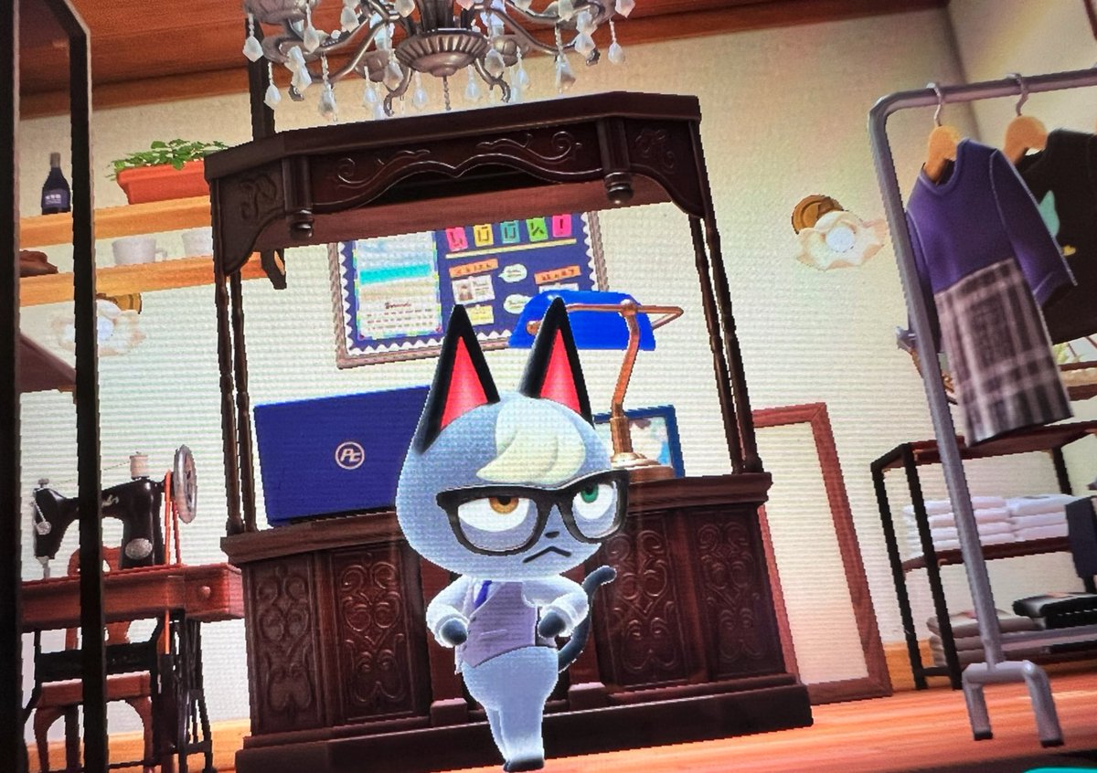 MagicByPhoenix's tweet photo. Raymond enjoying his new clothing store! #acnh https://t.co/JnE4oJLIi9