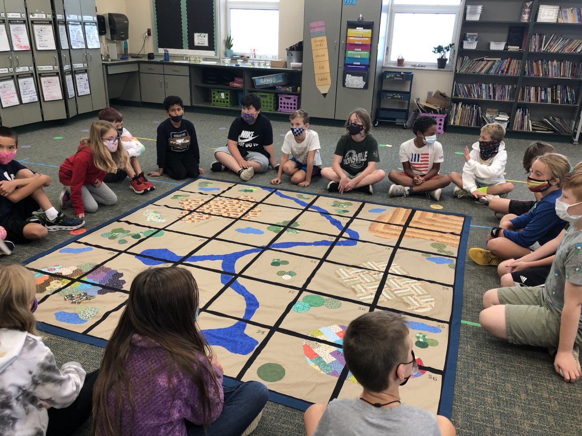 PresBenHarrison's tweet photo. During the week, a few of our staff traveled to @ZCSStonegate in Zionsville to present our Settlers & Surveyors program to the fourth graders. Using a colorful floor map, students learn how the pioneer settlers chose properties for businesses, schools and homes. #potus23 https://t.co/gcFn4rGMgX
