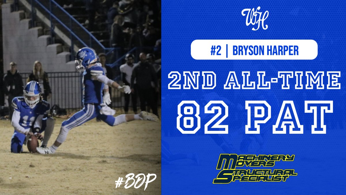 White House senior Bryson Harper made his 82nd career PAT Friday night in a 17-13 win over Smith County, and he is 2nd in school history behind Josh Barton at 91. #bdp
