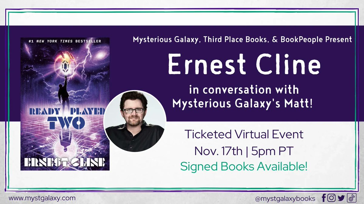 This Wed, November 17 at 5 pm PT, join us for a TICKETED virtual event with ERNEST CLINE & Mysterious Galaxy's Matt, for the paperback release of READY PLAYER TWO! 

Signed books & viewing ticket options available! @penguinrandom 

For more information -> https://t.co/bingG8VfOy https://t.co/Az3ONY16AX