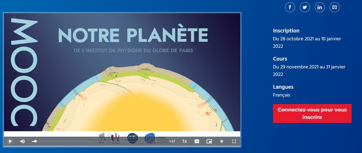 Les inscriptions pour le MOOC "Notre Planète" sont ouvertes ! 
Si vous êtes passés à côté, ou si vous n'avez pas encore eu l'idée, d'entreprendre des études de géosciences, venez découvrir l’histoire géologique de la Terre :

fun-mooc.fr/fr/cours/?limi…