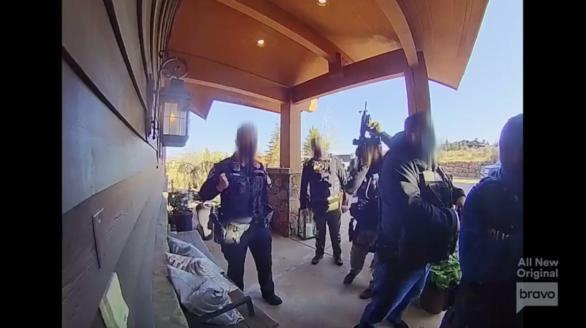 gibsonoma's tweet photo. The fact that we are watching RING CAMERA FOOTAGE of Homeland Security showing up to Jen Shah's rental house with massive guns on an episode of #RHOSLC is truly, truly surreal https://t.co/bRdqOfOsch