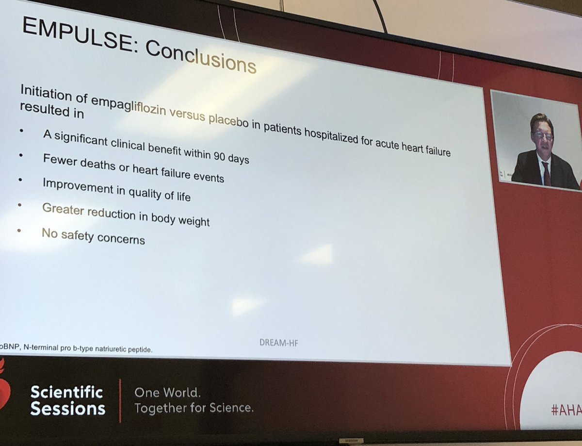 hvanspall's tweet photo. I cheered on @AdriaanVoors &amp; #EMPULSE from the green room (so apologize for quality of slides). Brilliant analysis, and yes #KCCQE results were presented. #Winning #AHA21 #AHARME #SGLT2i #HF https://t.co/y2rIqQETgl