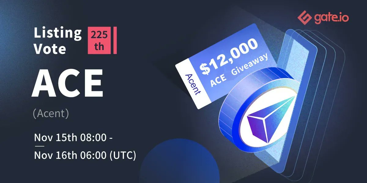Gate's tweet photo. #Gateio NEW LISTING VOTE @Acent_tech

⏰Nov 15th 08:00 AM — Nov 16th 06:00 AM UTC

🔔Vote for $ACE &amp; Share in $5K
💎$3K for the top 600 depositors
🎉$2K for a new user airdrop
🎁$2K #ACE # Giveaway 

Vote: https://t.co/O7jASY3Q5A
Details: https://t.co/ass4kzSgFx

#Crypto https://t.co/B1uh05D8u4