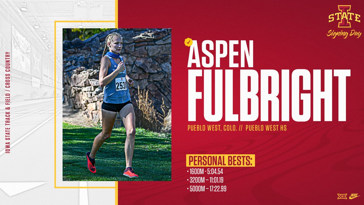 Welcome to Iowa State Aspen Fulbright!
🌪️ 6th at 2021 Colorado Class 4A State XC Champs
🌪️ 13th in 5K at Nike Outdoor Nationals
🌪️ 6th in 3,200m, 9th in 1,600m at Colorado HS Track Champs
🌪️ HS (Pueblo West) also nicknamed "Cyclones"!

#CycloneSZN #Run4ISU
