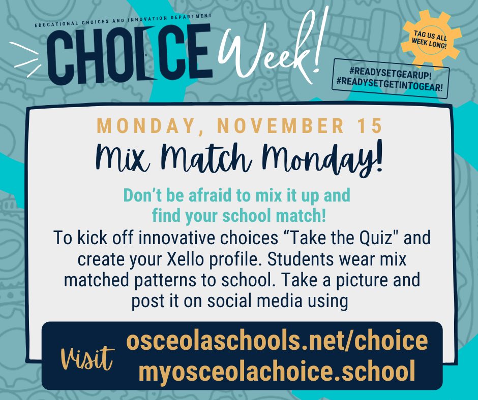 Tomorrow kicks off School Choice Week with “Mix and Match Monday!” Don’t forget to spice up your ‘fit with mismatched patterns. See which school fits your interests best by taking the quiz at myosceolachoice.school/quiz #readysetgearup #readysetgetintogear #sdocgoodtogreat #phepandas