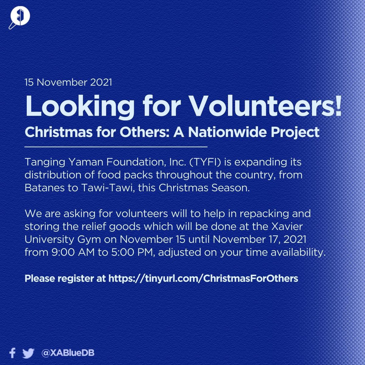 XABlueDB's tweet photo. ๐๐๐๐๐๐๐ ๐
๐๐ ๐๐๐๐๐๐๐๐๐๐!
We are knocking on your hearts to become a volunteer in this project!
You can sign up at: https://t.co/F9c3laHb47
Note: Only 20 volunteers will be accommodated per day to observe COVID-19 protocols.
#XavierAteneo
#KaCSG
#XABlueDB https://t.co/YdIP5HaoKk