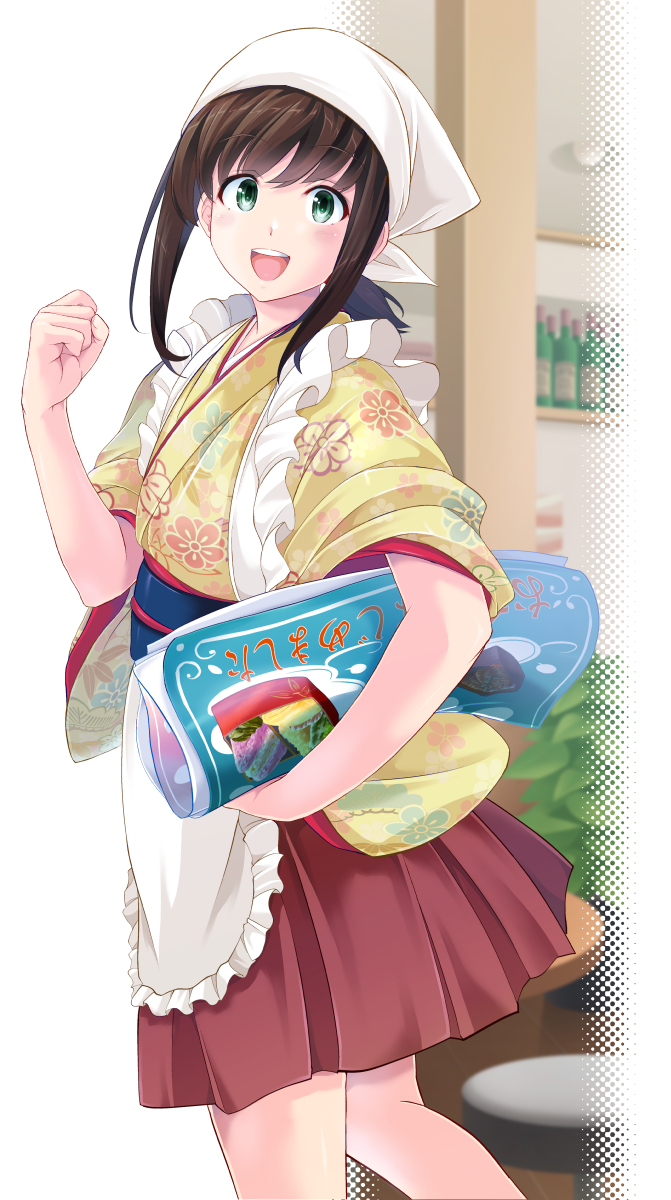 fubuki (kancolle) 1girl solo japanese clothes apron green eyes skirt kimono  illustration images