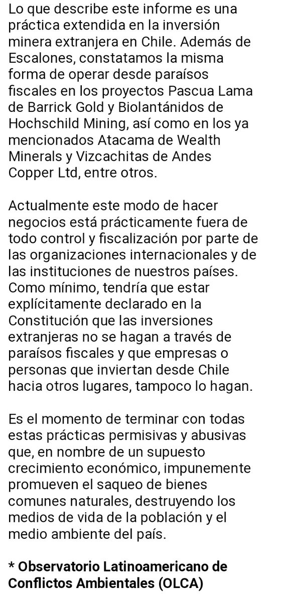 TVMAIPO's tweet photo. Operaciones elusivas en paraísos fiscales para financiar proyecto minero #Escalones #CajóndelMaipo en el informe de #Olca
"Escalones ha puesto en evidencia el tipo de mecanismos para instalar proyectos mineros.
Este modo de hacer negocios está practicamente fuera de todo control" https://t.co/yDQsyfhr37