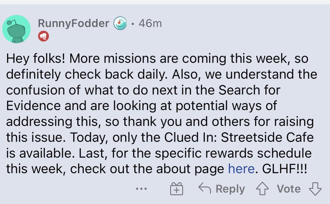Spideraxe30's tweet photo. Comment from RunnyFodder regarding the Search for Evidence mission for RiorX Arcane, basically only the graffiti at WR cafe is available for now, so no need to keep searching. https://t.co/I5ZkuUSSnk