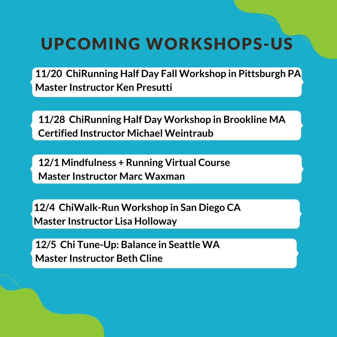 ChiRunning's tweet photo. Upcoming workshops! Learning in person is the best way to get immediate feedback on your #technique
#alllevelswelcome #runningtechnique #walkingtechnique #chirunning #chiwalking #alwayslearningalwaysgrowing #runningclass #runpainfree #runeasy https://t.co/P3PIMzwpSY