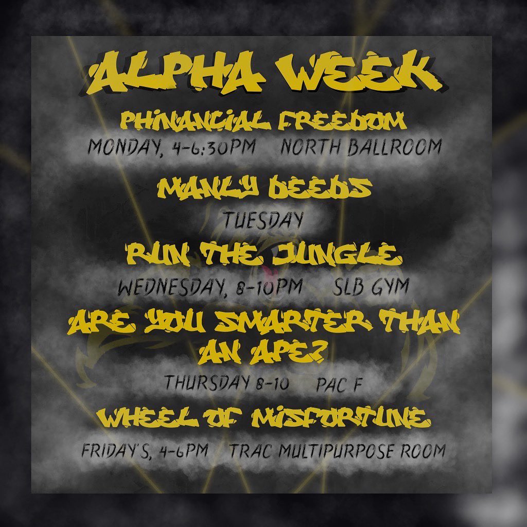 UpXiAlphas's tweet photo. Are y’all ready?🥶Be sure to slide to all of our events for UpXi’s 2021 Alpha Week we gone see who want smoke 🦍💨 ? https://t.co/yf4gmo2BCS