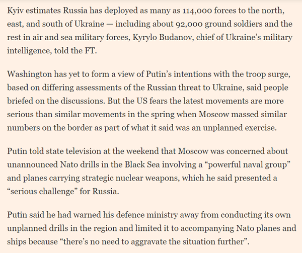 "Western intelligence suggests a 'high probability of destabilization' of Ukraine by Russia as soon as this winter". Ukraine estimates Russia has 92k ground troops (presumably including VDV, naval infantry, etc.) and 114k total near Ukraine's borders. 39/ https://www.ft.com/content/d4eada1f-2849-4d3a-9c40-be797addd8cb?list=intlhomepage
