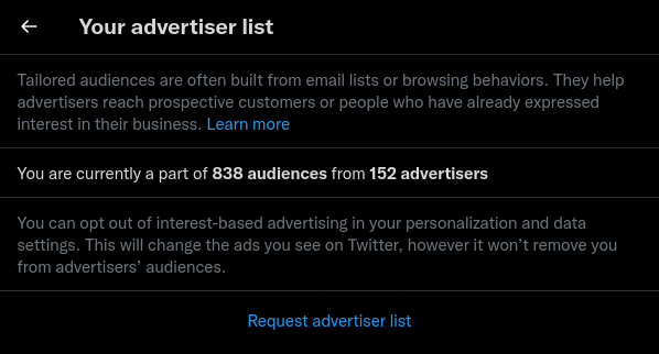 fernando_cejas's tweet photo. I have been checking @Twitter in the #privacy settings. Here is my information (you can check yours too)...
838 audiences and 152 advertisers.
#PrivacyOverProfit https://t.co/gIzAKul14C
