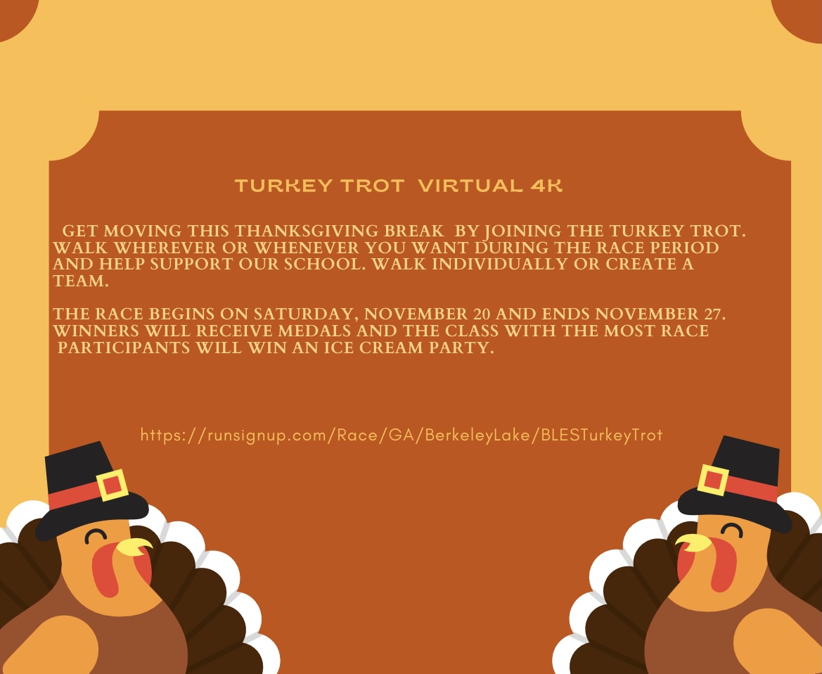 LakePto's tweet photo. Get moving during the Thanksgiving break and join the Turkey Trot Virtual 4K. Walk wherever and whenever you want during the race period. The race starts November 20 and runs all week. The class with the most participants will win an ice cream party. https://t.co/3JmZy9GFft https://t.co/9z8fK5FQpn