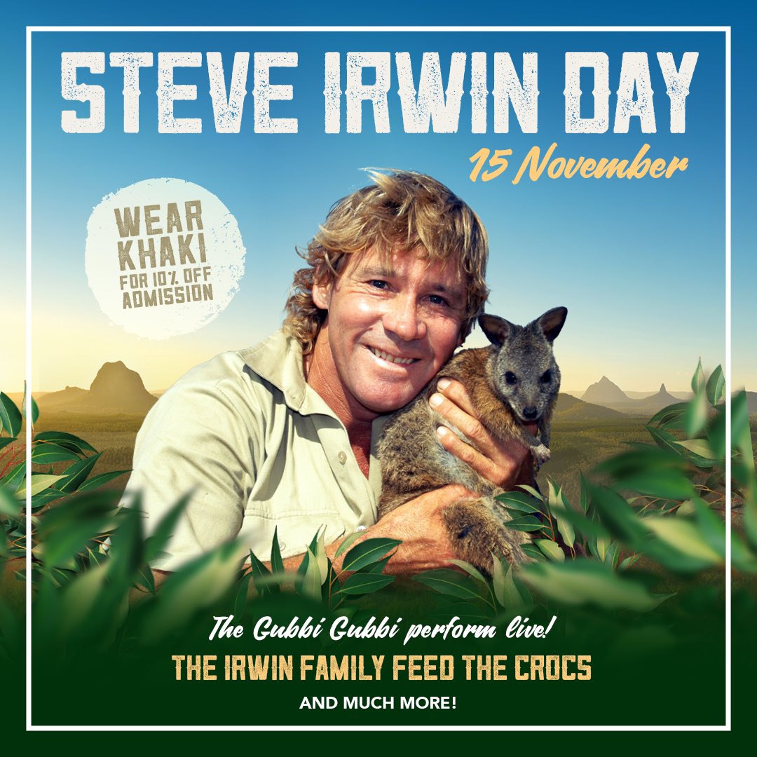 AustraliaZoo's tweet photo. Happy Steve Irwin Day! November 15 is all about celebrating the greatest Wildlife Warrior. Join us here at #AustraliaZoo today, wear your best khakis and you’ll get 10% off your entry! Check out the Irwin Family feeding Monty the croc,  amazing live entertainment &amp; so much more! https://t.co/z7xTa5J16F