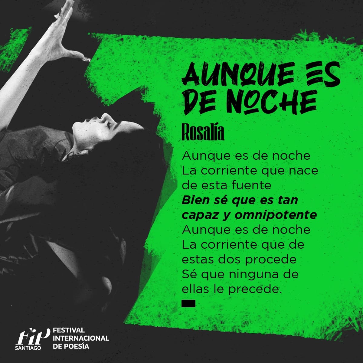 Hay artistas que musicalizan los poemas y <a href="/rosalia/">R O S A L Í A</a>
no se ha quedado atrás. Te presentamos este fragmento del poema Cantar del Alma, también conocido como Aunque es de Noche en la interpretación de esta telentosa cantante española. ¡Disfrútalo! #FIPSantiago

#PalabraDePoeta