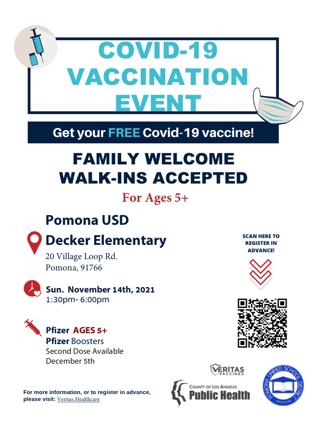 FREE COVID VACCINE CLINIC AGES 5-11 &amp; 12+ including Boosters. Today at Decker Elementary 20 Village Loop Road in Pomona 1:30pm-6pm. Currently there is no wait, you can walk in with no appointment. Get vaccinated before the holidays!