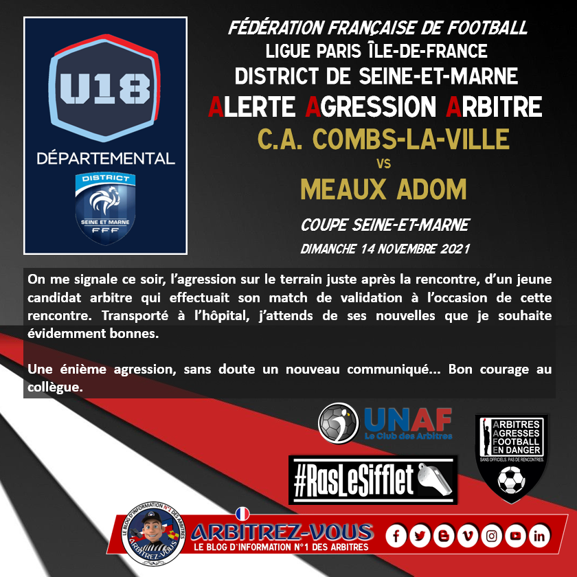 ArbitrezVous's tweet photo. #AlerteAgressionArbitre #RasLeSifflet
🚨 Nouvelle agression d'un jeune arbitre dans le 77
@ArbitresSAFE @UnafArbitres @FFF @LPIFF75 @lequipe @parisienspo_idf @M6 @francebleuparis @BFMParis @Sports_gouv @Interieur_Gouv @justice_gouv @GuyGeoffroy https://t.co/EihWdJ4UMh