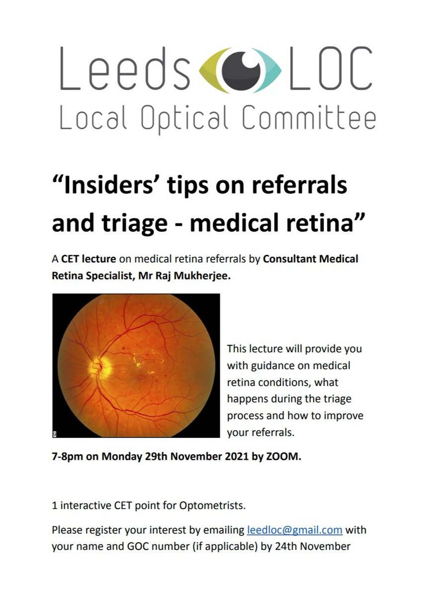 leeds_loc's tweet photo. 🚨1 INTERACTIVE CET POINT🚨
@leedsloc welcome you to our next #interactiveCET event, "Insiders' tips on referrals and triage - Medical Retina" 👁️ delivered by the wonderful Mr Raj Mukherjee 👨⚕️
📆 29/11/2021
⌚7-8pm
📍ZOOM
Please email us with your name and GOC no. by 24/11/21 https://t.co/wjGATgA7KZ