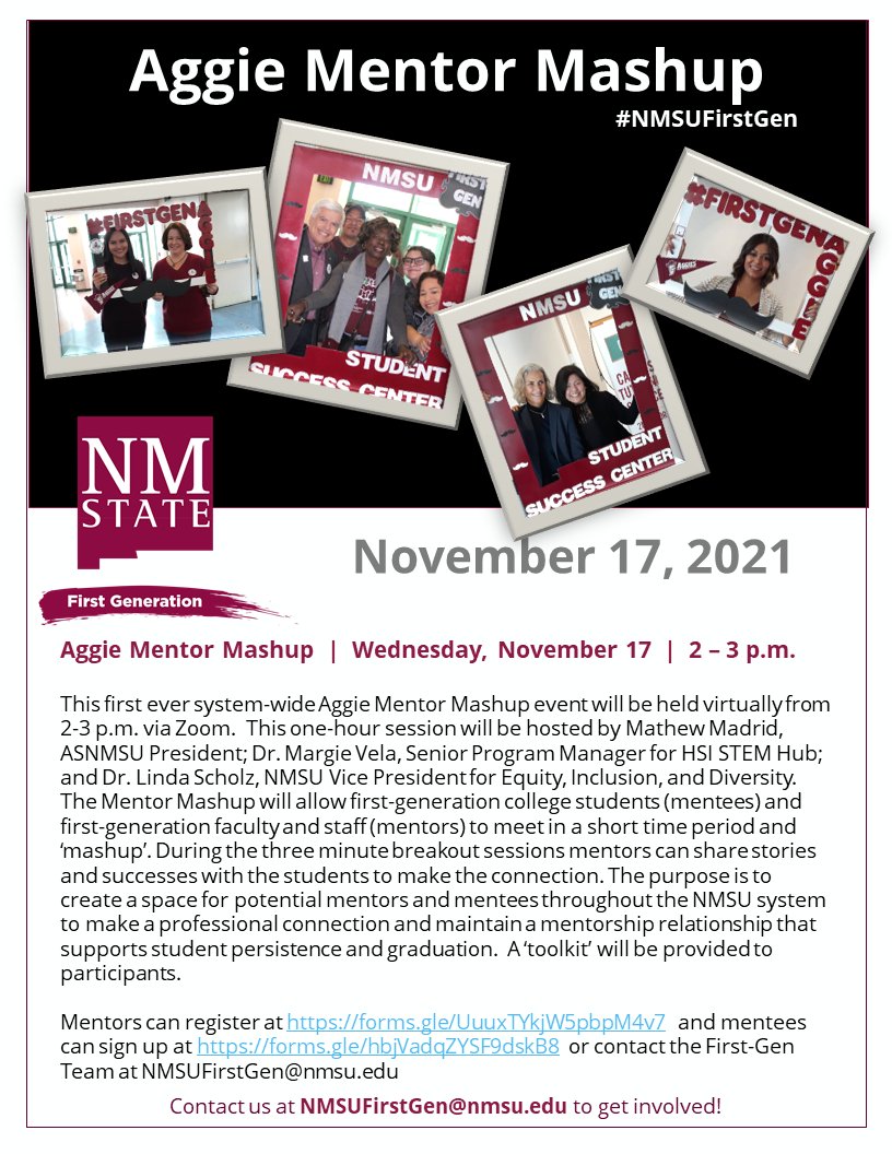nmsu_sacnas's tweet image. Stop by the Corbett first floor lobby tomorrow, from 10am-2pm to pick up first-gen info, some first-gen swag, and a first-gen cookie! Also, don't forget to register for the Aggie Mentor Mashup on Nov. 17 to connect with potential mentors!😊
#NMSUFirstGen #FirstGenCelebration