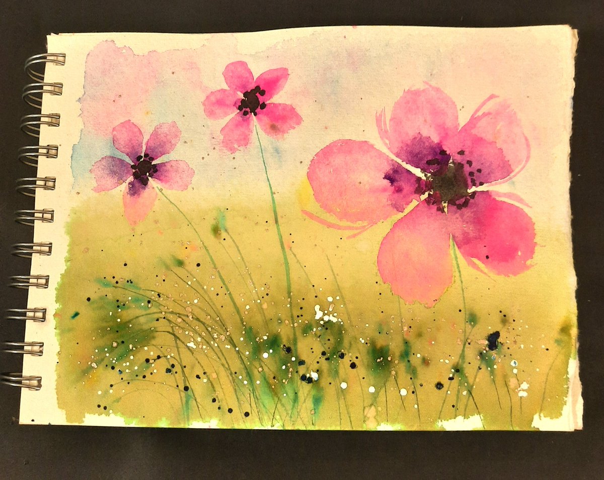 Still playing with Color Sparx. Let it just cover a wet surface and got all kinds if shapes.  Thought they looked like grasses, so drew some stems, threw on some flowers and splatter. #watercolor #floral