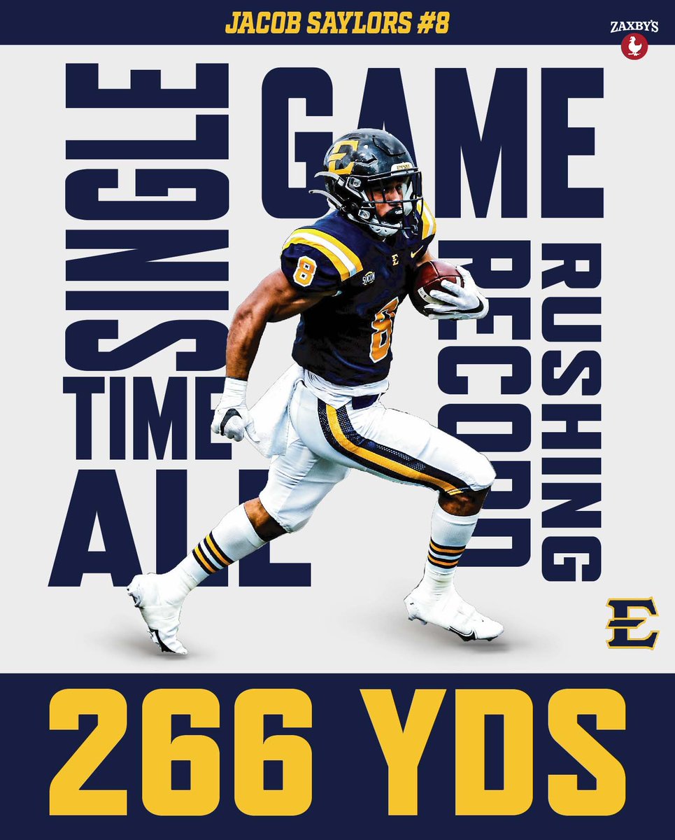 ETSUFootball's tweet photo. The final record of note - @Saylors1k set the new single-game rushing record with 266 yards!

#ETSUTough https://t.co/Ct3kSe0pE8