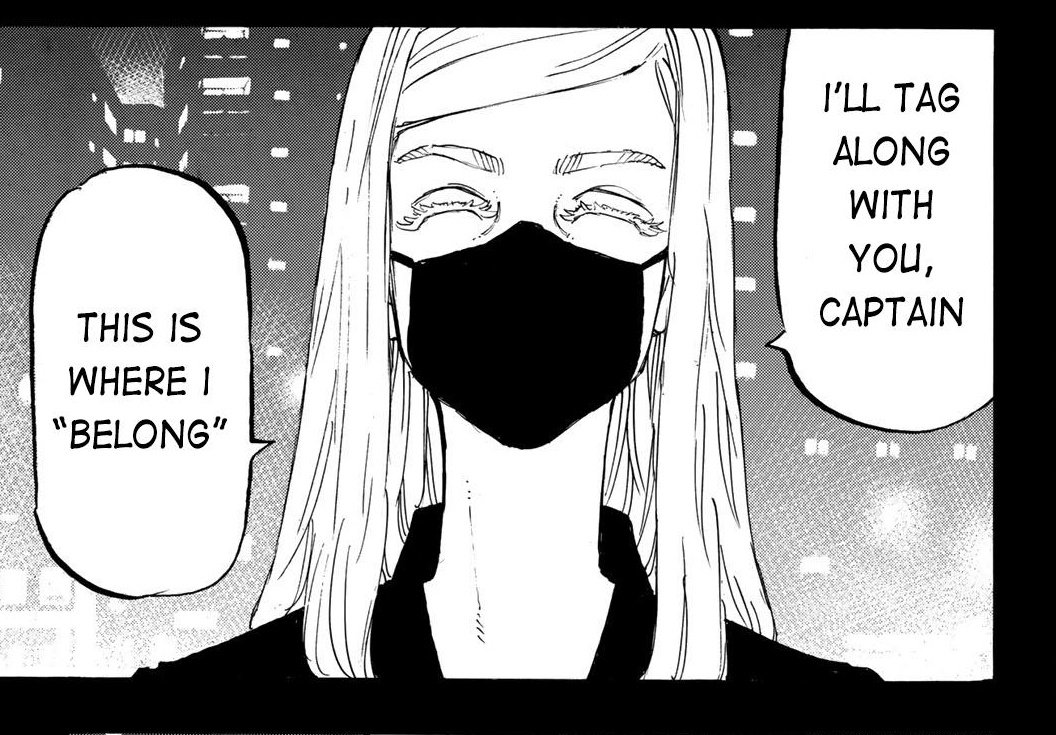 Recuerdo cuando lo vi en el anime y dije que me gustaba y parecía interesante y alguien me dijo algo como "bueno este está haciendo mucho problema ahora" y al fin lo entiendo. Ni me acordaba que este estaba en Toman, creía estaba con los grupos que fueron a observar. 