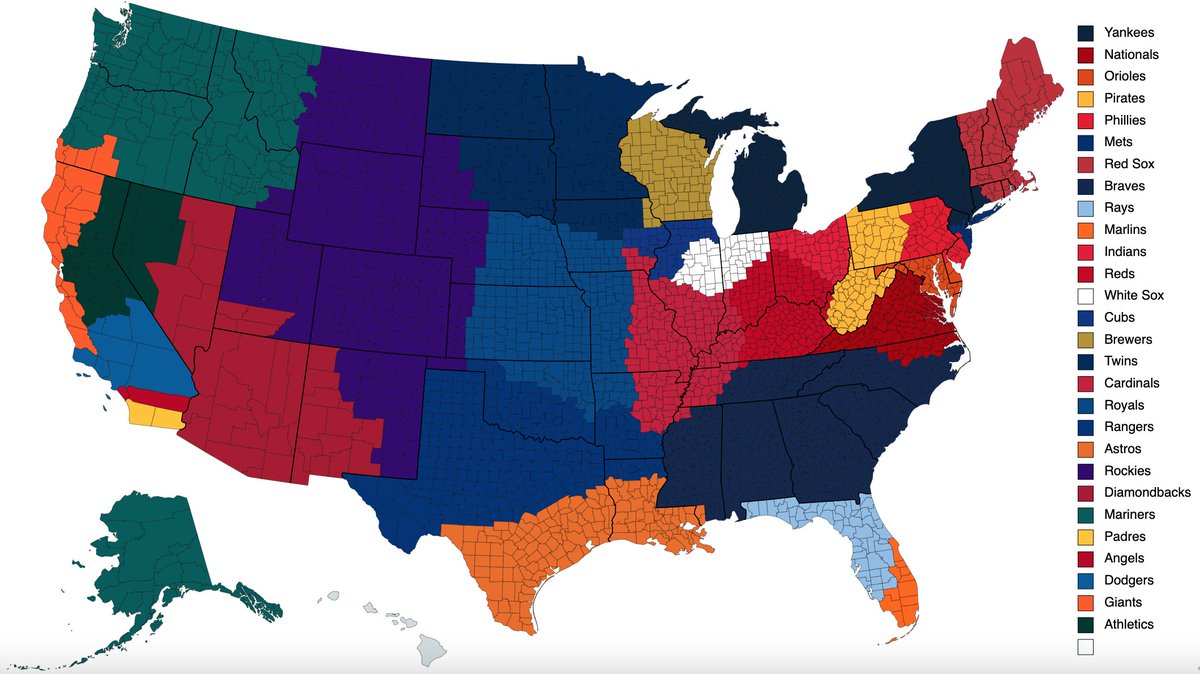 ZackSilverman18's tweet photo. A couple months back I mentioned that over the offseason I was going to just for fun recreate the thirty MLB teams based on if everybody played for their hometown team. I created the map below (***designed to be more convenient than realistic***) to roughly base it off. https://t.co/jfG65WDSMQ
