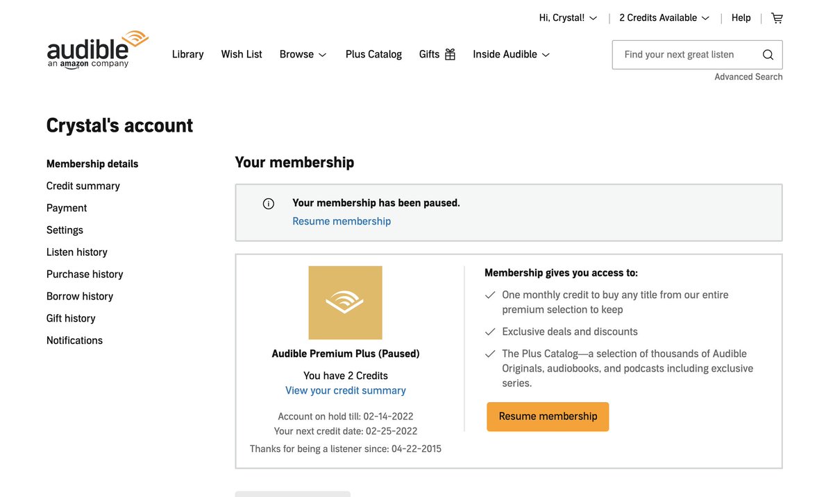 Loving this "pandemic aware" pause membership feature, especially the pop-up copywriting. <a href="/audible_com/">Audible</a> #ux #uxcopy Saves me a lot to think about.