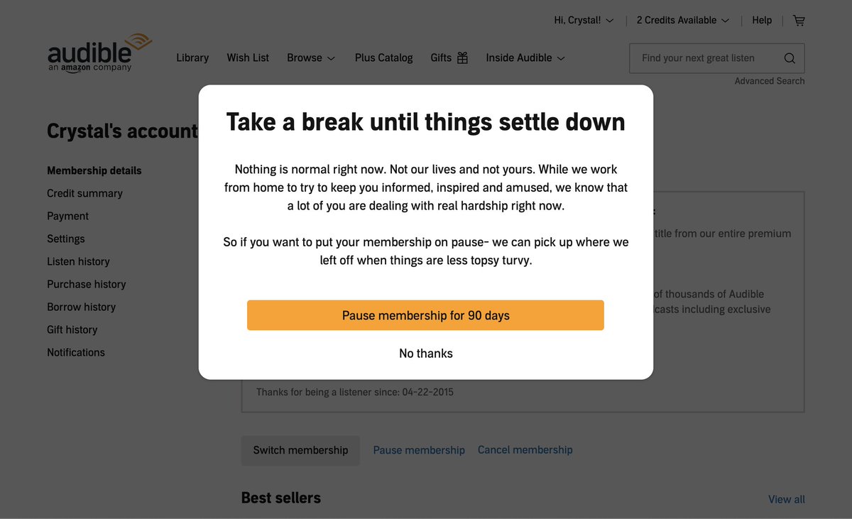 CJdesignsalot's tweet photo. Loving this "pandemic aware" pause membership feature, especially the pop-up copywriting. @audible_com #ux #uxcopy Saves me a lot to think about. https://t.co/QrHDXoNkIn