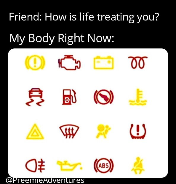 NICUADVENTURES's tweet photo. The check engine light stays on when you're a NICU family. #preemiespotlight #preemieveteran #preemiehood #preemiemania #preemiedad #fightlikeapreemie #micropreemiedad #micropreemiemom #micropreemiestrong #twinsofinstagram #preemiesofinstagram #funnymeme #nicufather https://t.co/IvMh94mMLM