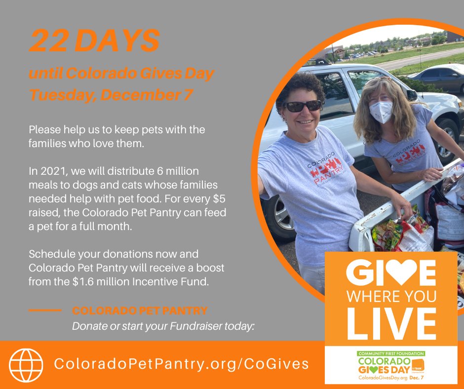 COpetpantry's tweet photo. 📅 22 days until CO Gives Day! 💟
$1.6 Million is the size of the Colorado Gives Day Incentive Fund, and every donation scheduled for or made on #COGivesDay on Dec 7 gets a piece of it.
Go to: https://t.co/R7N9cGljcQ
#coloradononprofit #doingmypartco #cogivesday #givingtuesday https://t.co/TvRCbOpqCp