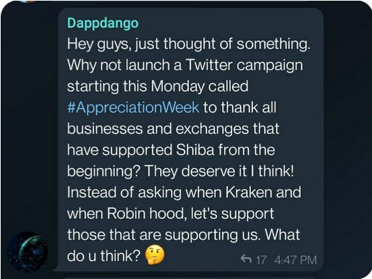 HeyUncleMoney's tweet photo. @shibainuart @NexusAurora ShibArmy we're starting #AppreciationWeek for those who have supported us from the beginning, by thanking them and showing our support to their businesses and exchanges to drive more people to them. Please help us out! We're starting this tomorrow. https://t.co/H9t2FhjfoT