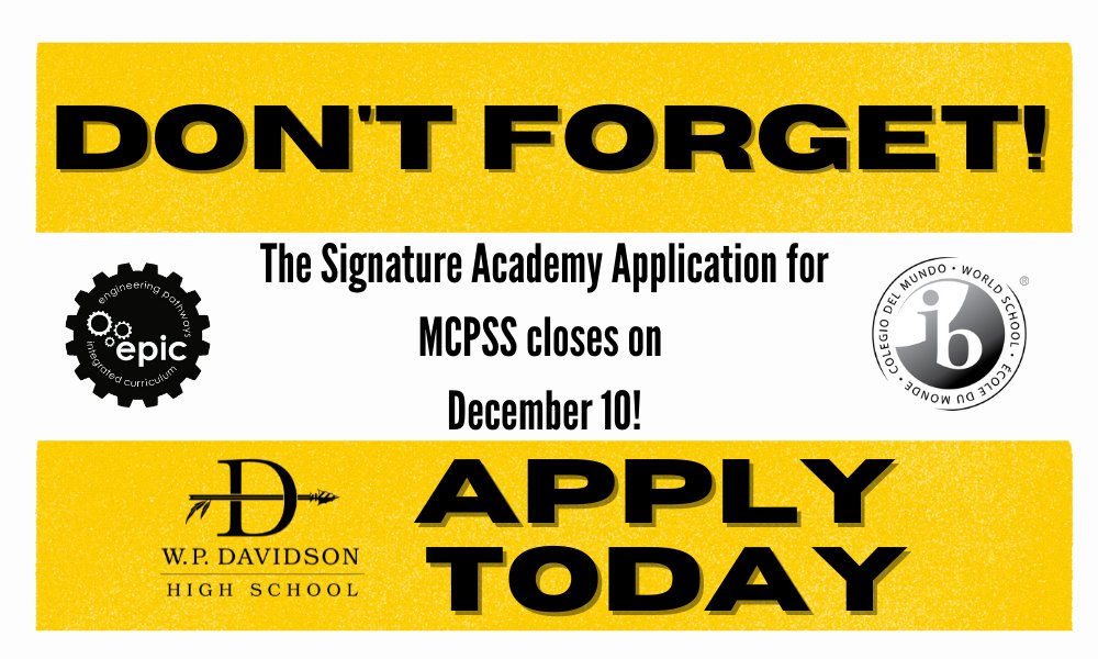 If you have an 8th grade student who is interested in applying to the IB or EPIC programs at Davidson, please make sure to complete the Signature Academy application!
wpdavidson.org/prospectivestu…