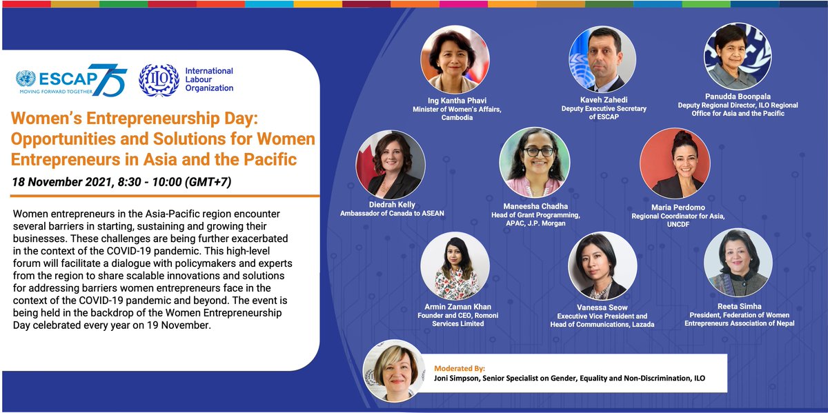 UNESCAP's tweet photo. Women Entrepreneurs are facing escalated challenges with the onset of #COVID19. 
This #WomensEntrepreneurshipDay, join our experts to discuss opportunities and scalable solutions from the #AsiaPacific region to address these barriers.

Register: https://t.co/Yz7VKTNTWE https://t.co/a7afvv9dM1