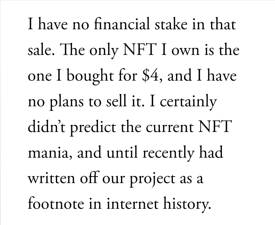 MetaCAlliance's tweet photo. @punk_livemusic @IbanxStaking @1987mcg @BoredApewood Seems like most of what the article says is being ignored. 
I wonder why he won't sell his NFT if it's a "scam." Also I wonder why the actual programer and Creator of the first NFT is still promoting it. I don't think you read through the article yourself but I did. https://t.co/aPPmj6vFXB