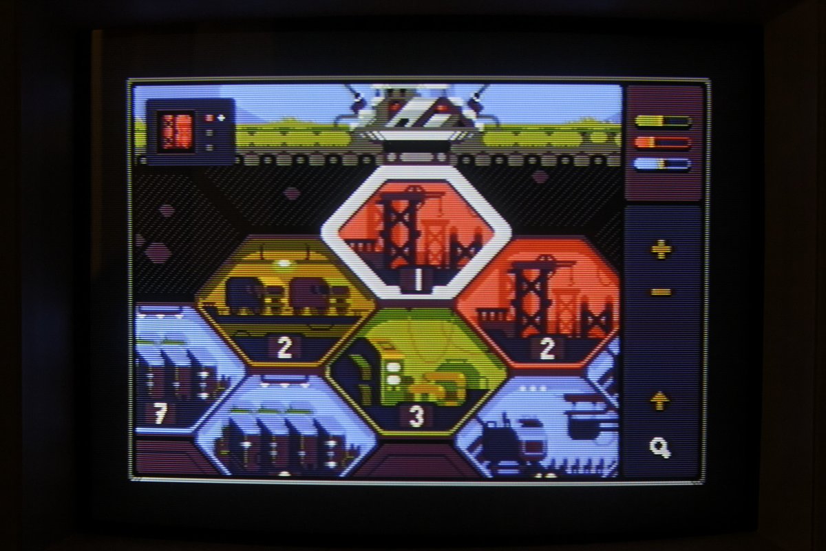 MrmoTarius's tweet photo. "HexaBunker", a still frame from my #pixelart underground base management mockup animation, displayed in 240p on a Sony PVM.

Some of my first attempts at "proper" CRT screen capturing.

View these in full size! https://t.co/Y4WINYbtXt