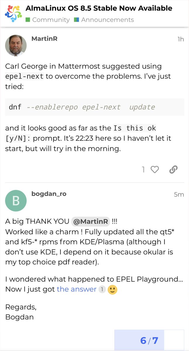 carlwgeorge's tweet photo. The EPEL Next repo is already paying dividends, allowing @AlmaLinux 8.4 users with KDE installed to upgrade to 8.5 sooner.  This is only possible because of @CentOS Stream.  So awesome to see. https://t.co/oC8rfFutMZ