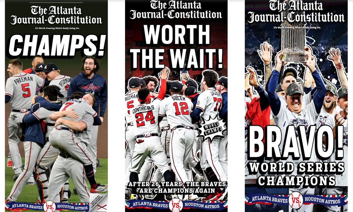 ajc's tweet photo. Mark the Braves’ victory forever with the AJC's first #NFT! Our initial mint will celebrate the end of a 26-year wait for the team to bring home a #WorldSeries championship, with front-page covers and photos commemorating the win: https://t.co/d3Dgj3wLDh ⚾#nftcollection https://t.co/rjF8K4bi4L