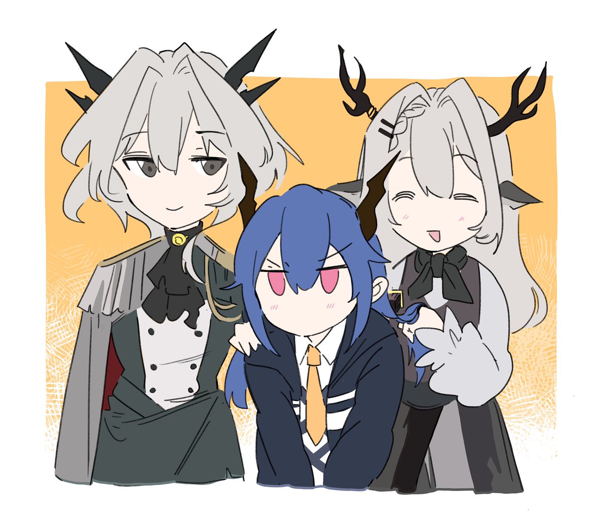 ch'en (arknights) 3girls multiple girls horns blue hair animal ears dragon horns grey hair  illustration images