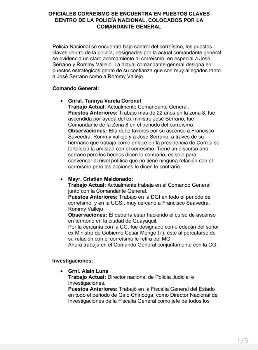 mromerorivera's tweet photo. Información que debe ser analizada con detenimiento. Puestos claves en @PoliciaEcuador bajo responsabilidad de personas  cercanas a una organización política que busca la destitución del presidente. La conmoción puede crearse por acción u omisión. Hasta hoy no hay resultados. https://t.co/kdqLgwQYDw