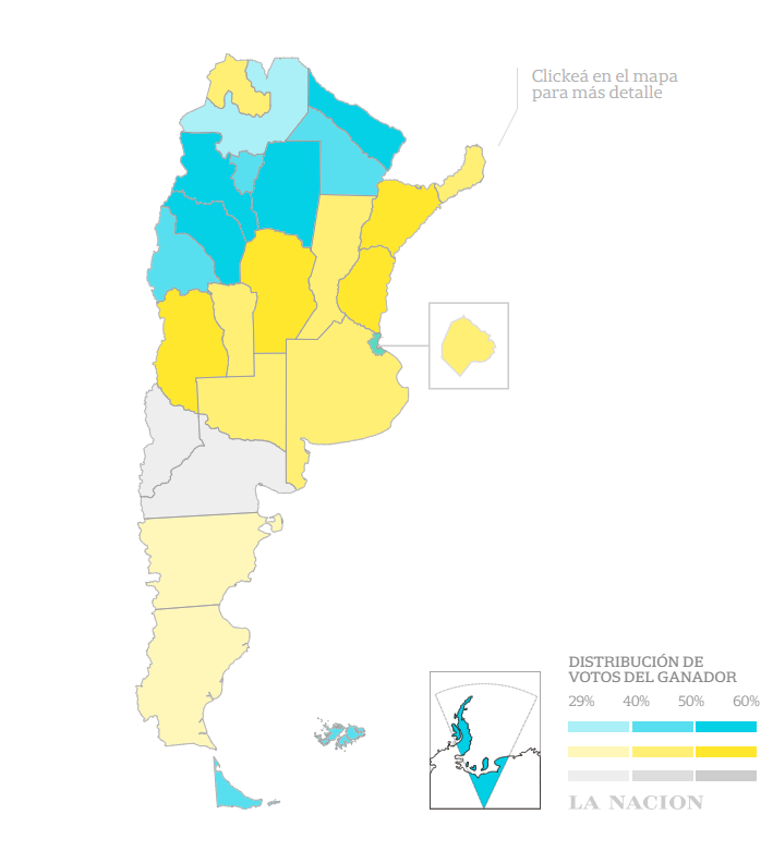 Caplevi1540's tweet photo. Así estaría quedando el mapa electoral en Argentina, tiñéndose de amarillo, debacle para el kirchnerismo, perdieron incluso la Provincia de Buenos Aires, la más importante. https://t.co/Cdac1j5ied
