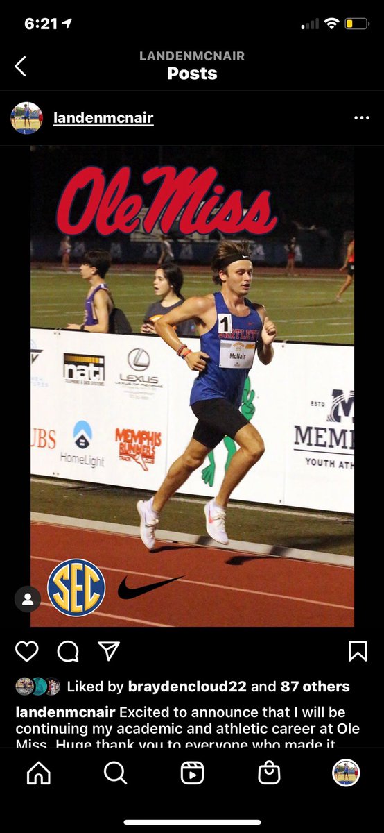 It’s official…Landen McNair to Ole Miss!  Congrats, you’ve earned it but you still have a high school track season left so not done yet.
<a href="/OleMissTrack/">Ole Miss Track & XC</a> <a href="/tnmilesplit/">MileSplit Tennessee</a> <a href="/BartlettsGainin/">Bartlett's Gaining</a> <a href="/high_bartlett/">Bartlett High School</a> <a href="/LandenM12/">Landen McNair</a>