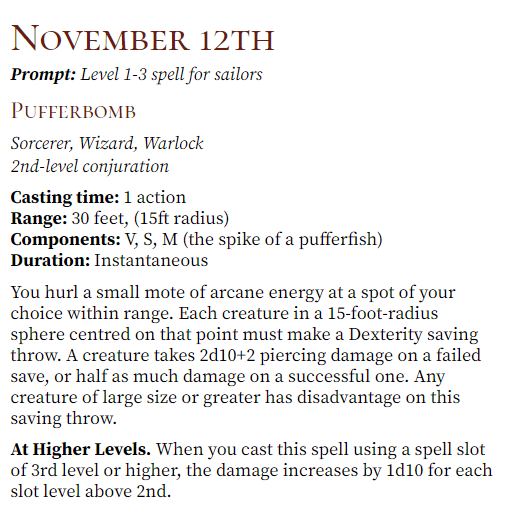 EldritchCreates's tweet photo. A bit late but here's Day #12 of #Swashbucklvember, a puffed up spell by @Echophox for your seafaring spellslingers! I wonder if this spell smells a little fishy...
#SeaOfSouls #worldbuilding #homebrew #ttrpg #rpg #dnd #dnd5e https://t.co/gjEA7JsSey