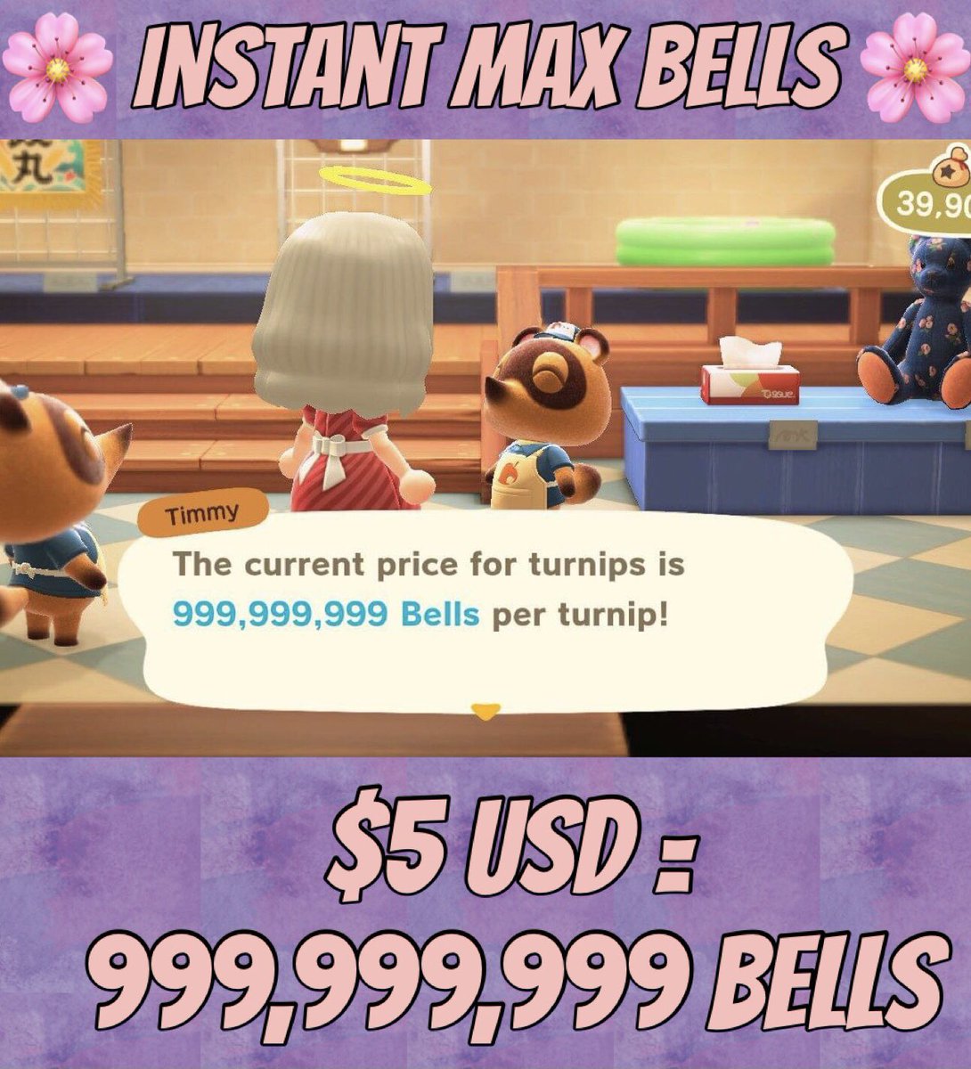 AcnhAlaina's tweet photo. 🌸Get 999,999,999 Bells Instantly🌸

$5 USD

Max out your ABD account with a sell mod😁🌸

Venmo/PayPal/Cashapp☘️

Dm for info❤️

#dodocode #acnh #NewHorizons https://t.co/O2XVaEduLT