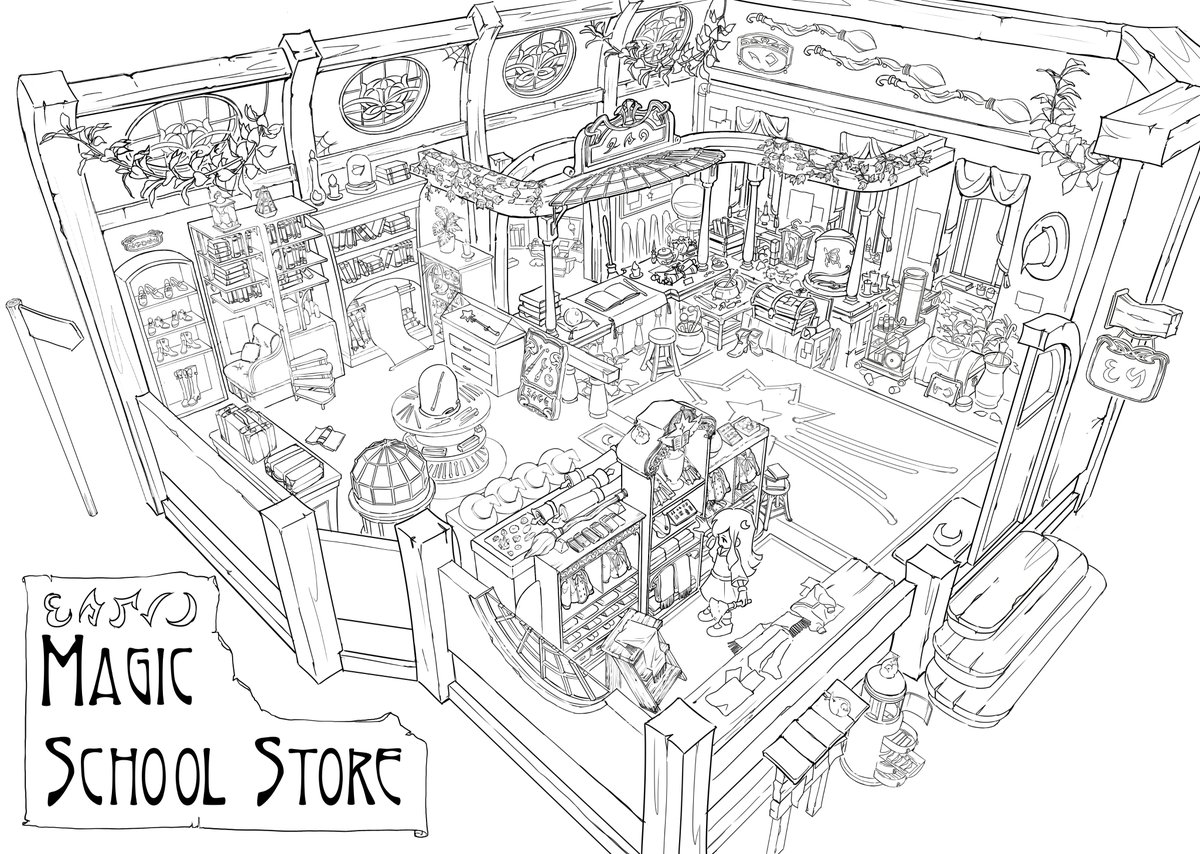 Line art done! time to colour. 24 hours countdown *SCREAMS*
we have literally no time LMAO

Magical school supply store + the store owner lil house 