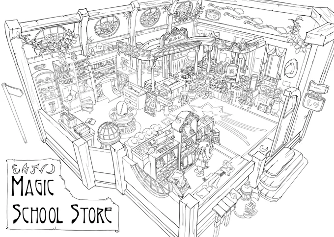 Line art done! time to colour. 24 hours countdown *SCREAMS*
we have literally no time LMAO

Magical school supply store + the store owner lil house 