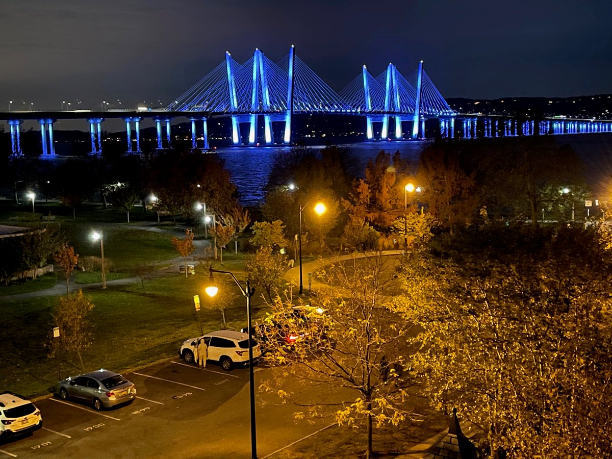 BreakthroughT1D's tweet photo. How cool is this photo of the Mario Cuomo (formerly known as the Tappan Zee) Bridge lit up blue for World Diabetes Day (WDD)? Don't forget, between now and midnight, your contribution to JDRF will be matched! Donate here: https://t.co/TlzToLlHTY 

#T1D #NDAM #WDD https://t.co/fFswtu3pRe